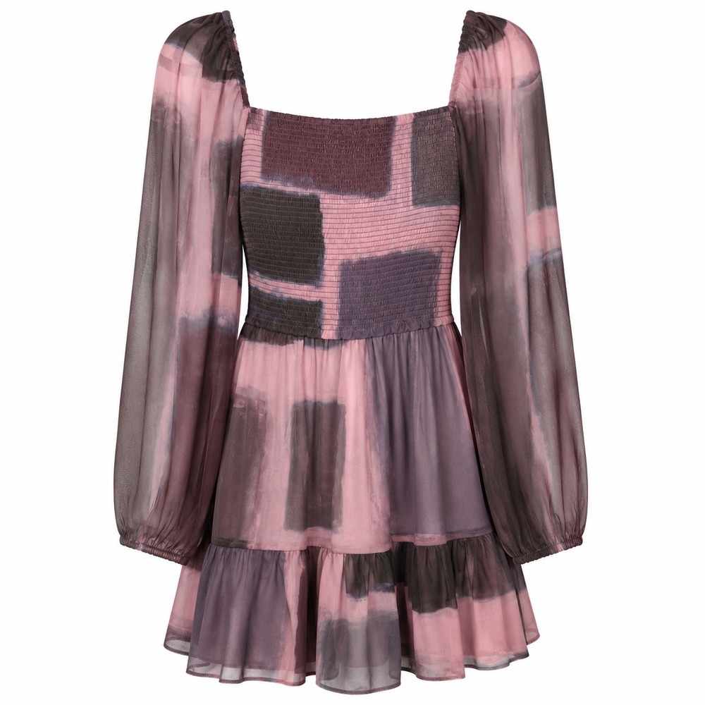 Wilfred Aritzia Dress Small Pink Brown Smocked Puff Sleeve Mini‎ Fit and Flare
